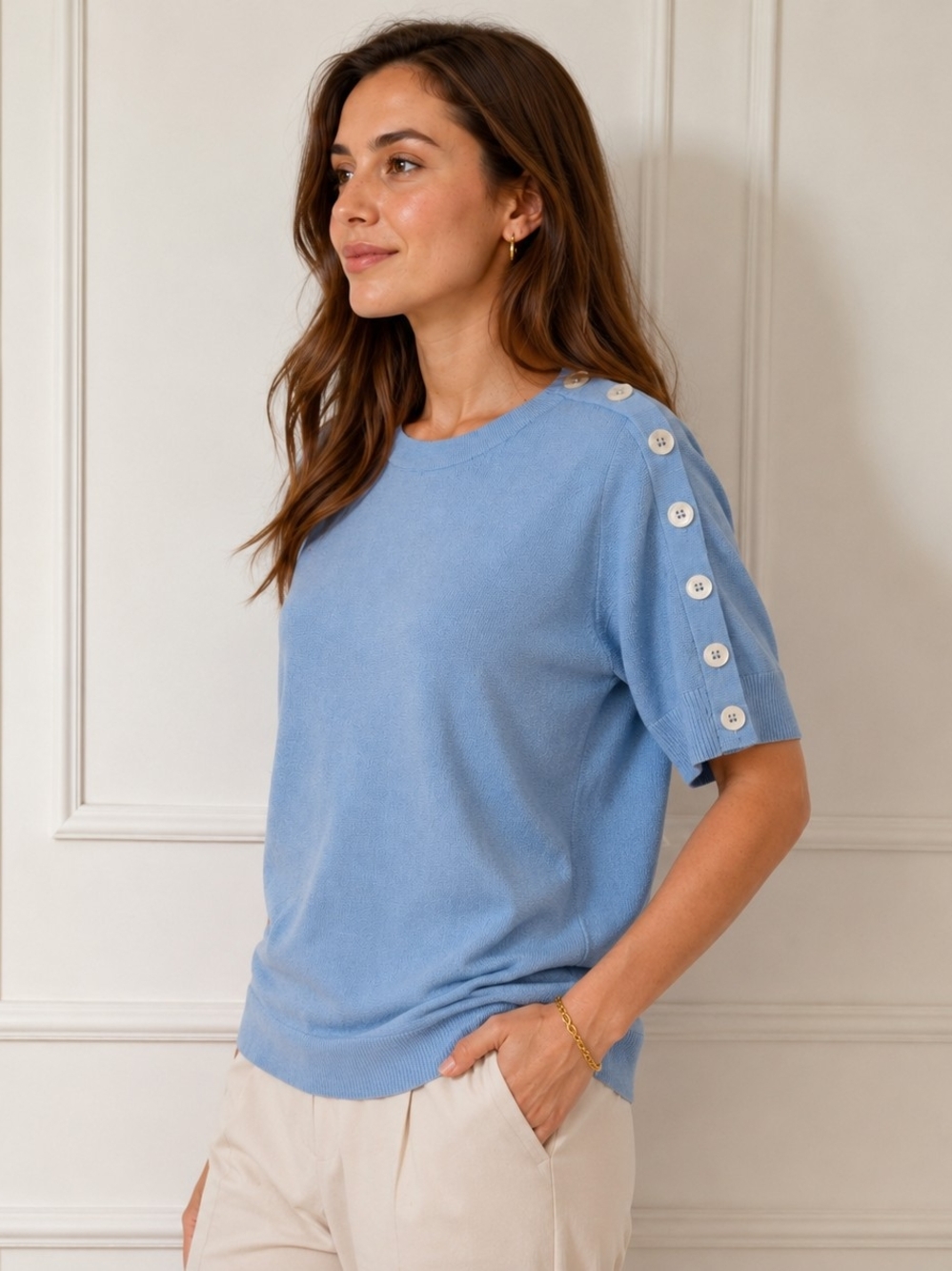 Carlisle Powder Blue Short Sleeve Knit Top with Shoulder Buttons - Picture 2 of 7